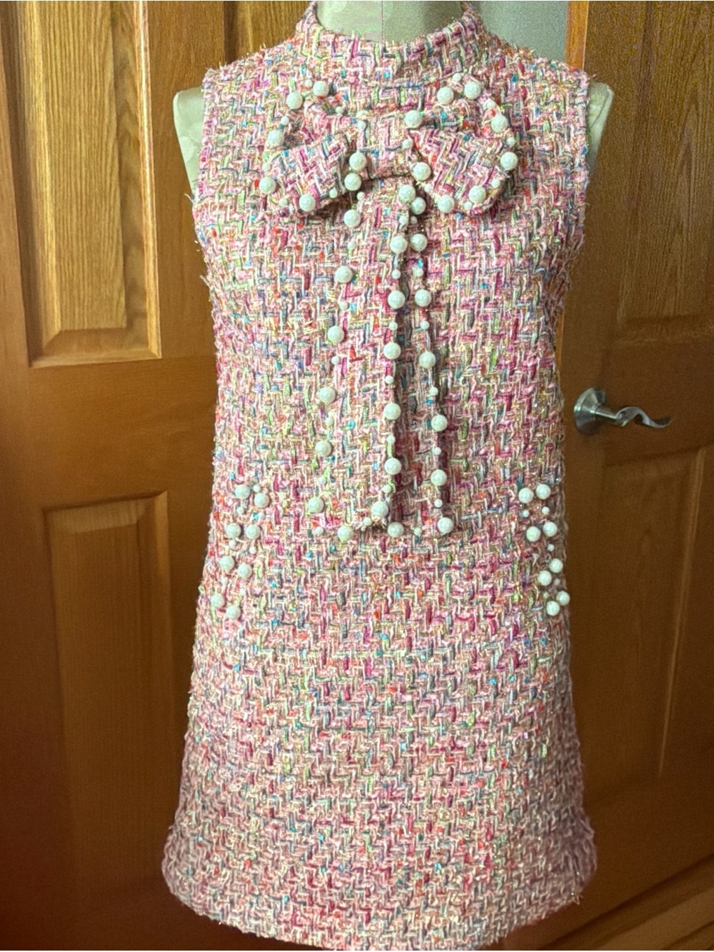 Sleeveless Pink Tweed Pearl-Trim Formal Dress